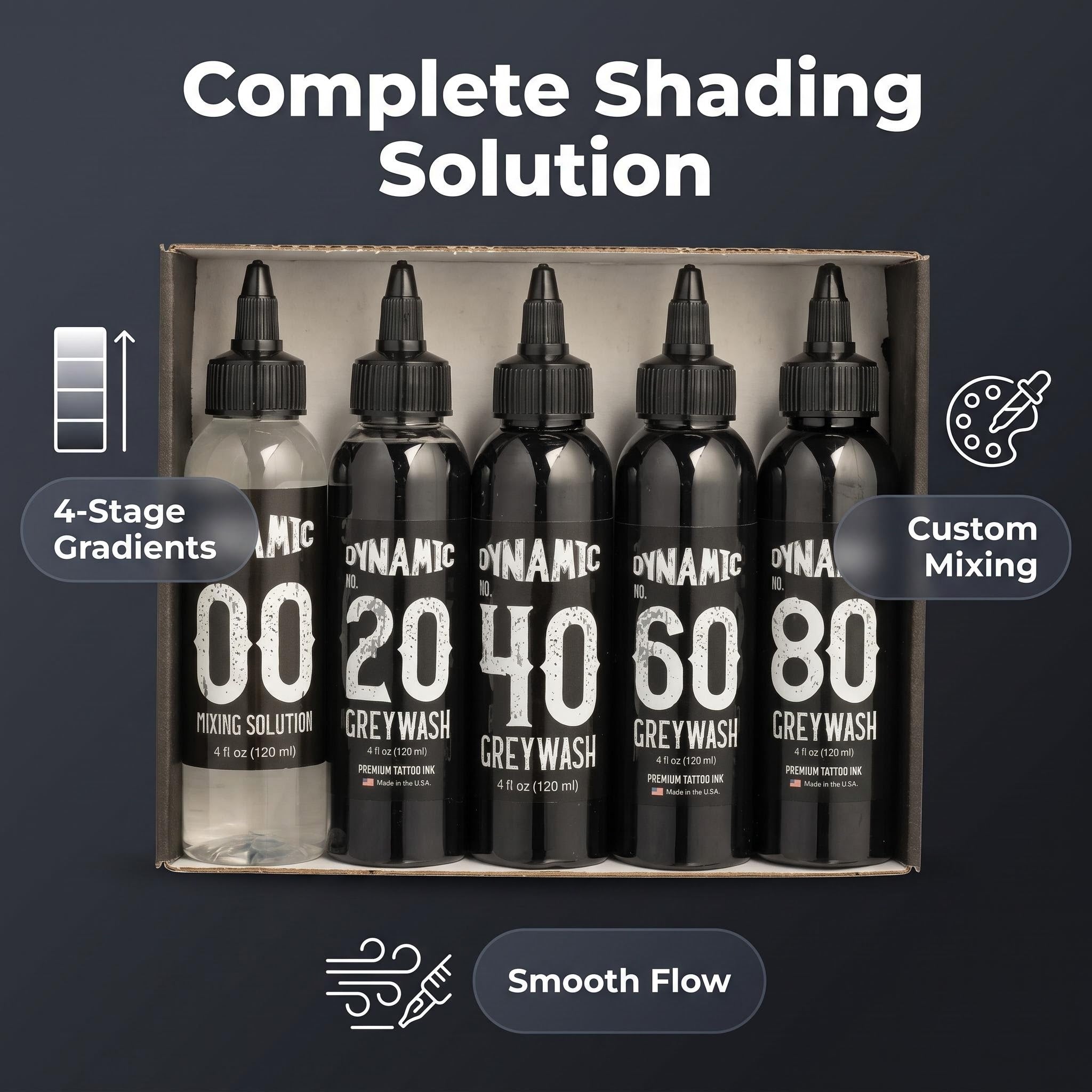 5 Bottles Dynamic Grey Wash Tattoo Ink Kit 4oz | Mixing Solution + 4 Shades Grey Tattoo Ink for Shading & Realism Art