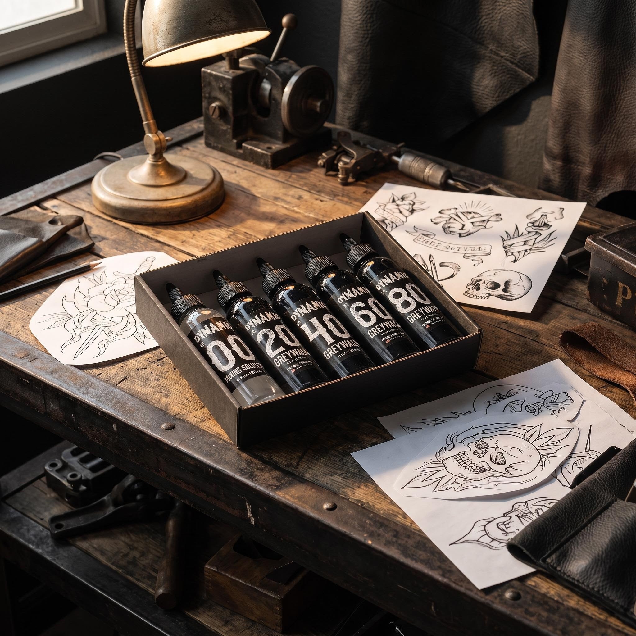 5 Bottles Dynamic Grey Wash Tattoo Ink Kit 4oz | Mixing Solution + 4 Shades Grey Tattoo Ink for Shading & Realism Art
