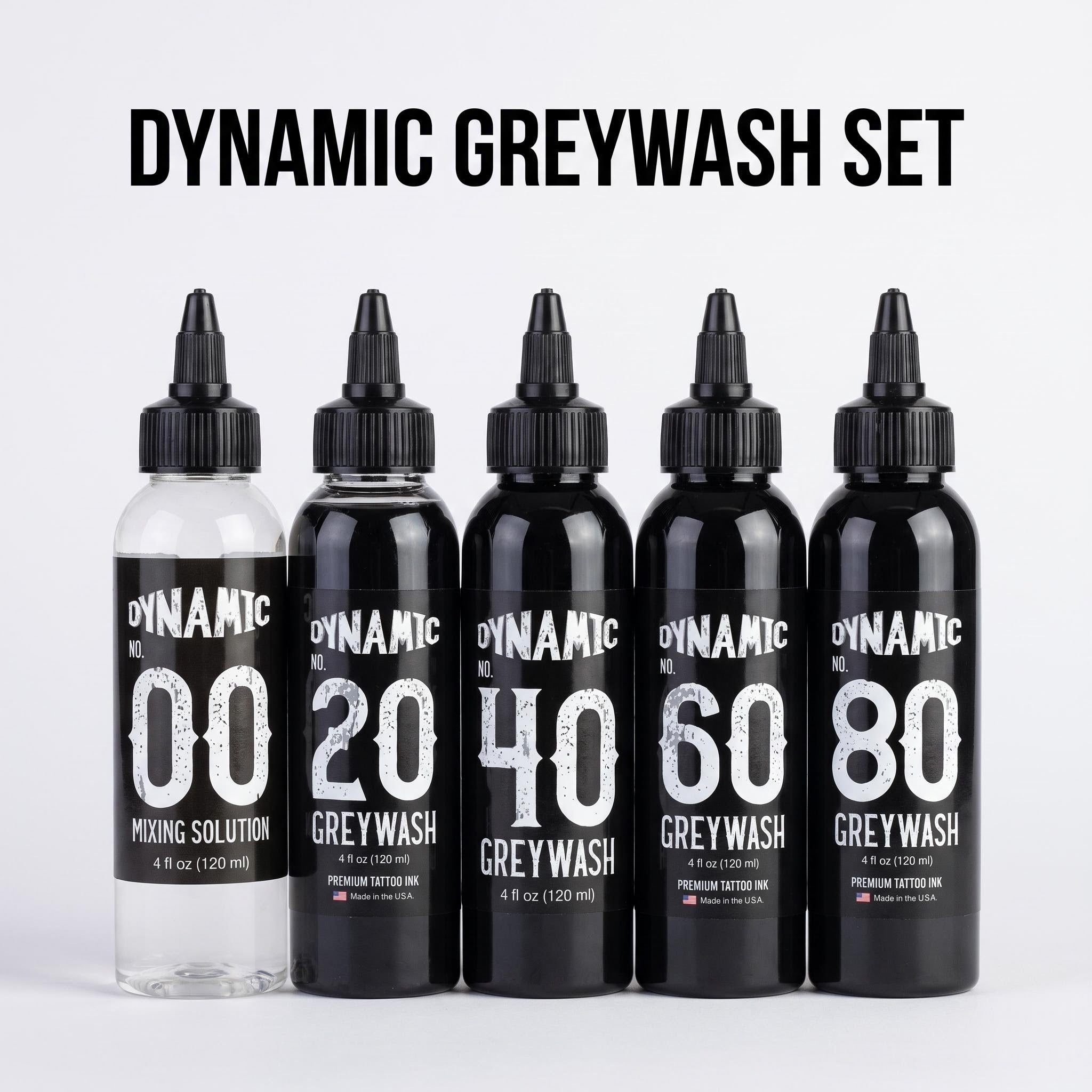 5 Bottles Dynamic Grey Wash Tattoo Ink Kit 4oz | Mixing Solution + 4 Shades Grey Tattoo Ink for Shading & Realism Art